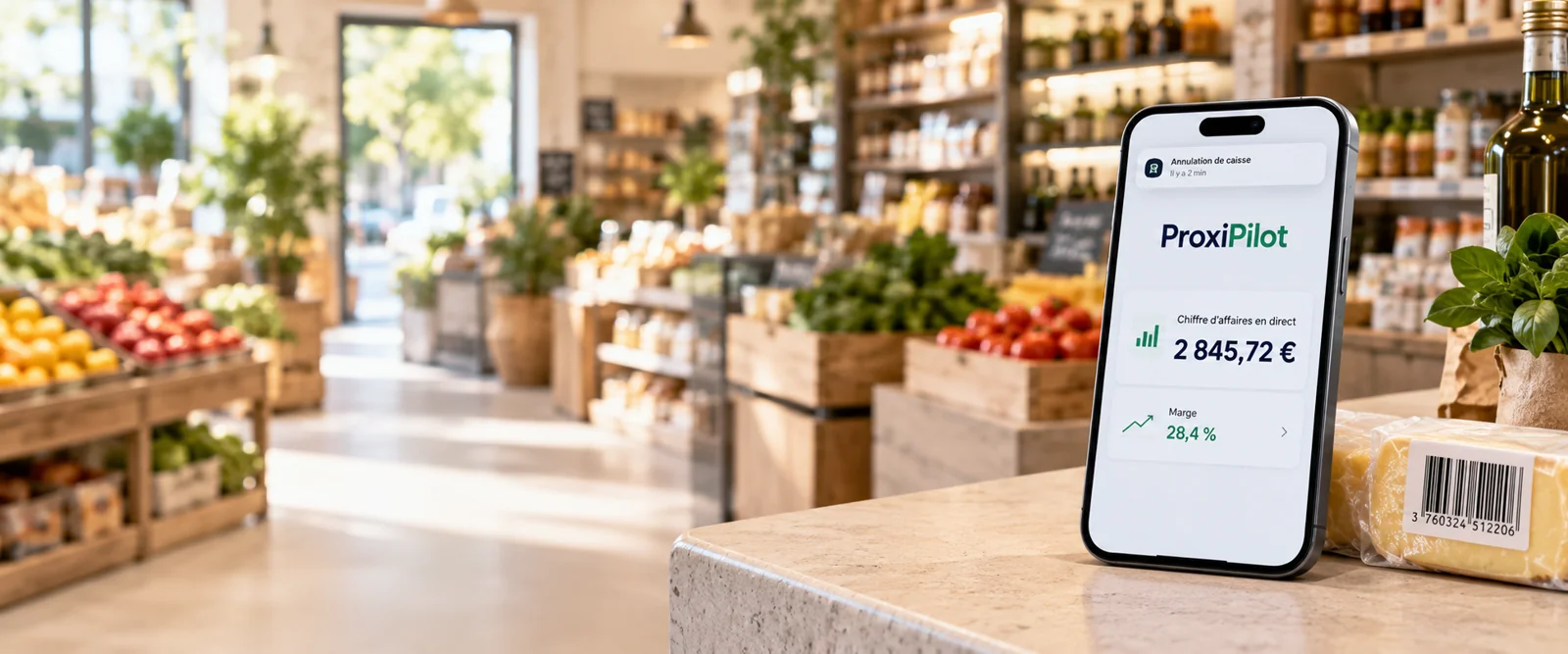 ProxiPilot sur téléphone — illustration du suivi du magasin